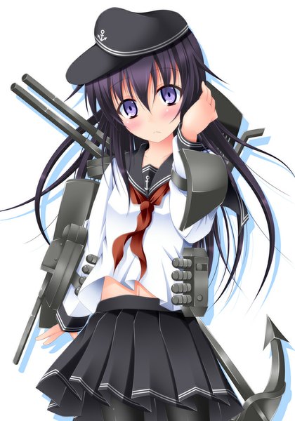 Anime picture 700x1000 with kantai collection akatsuki destroyer narumi yuu (imitmoon) single long hair tall image looking at viewer blush black hair simple background white background purple eyes girl skirt weapon sailor suit flat cap anchor symbol anchor