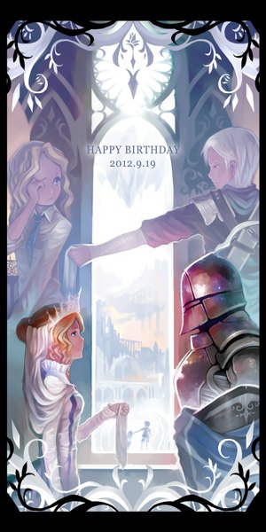 Anime picture 1000x2000 with original yuushoku long hair tall image short hair blue eyes blonde hair white hair profile light smile inscription face to face girl dress boy armor tiara helmet child (children)