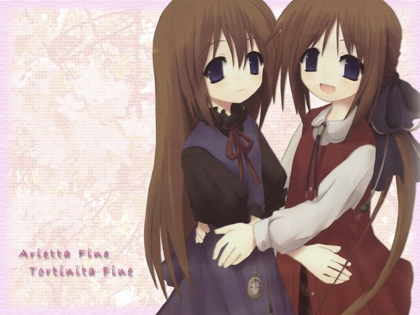 Anime picture 1024x768 with symphonic rain tortinita fine arietta fine shiro (octet) long hair looking at viewer open mouth blue eyes smile brown hair multiple girls character names hug low ponytail third-party edit girl dress 2 girls clock pocket watch