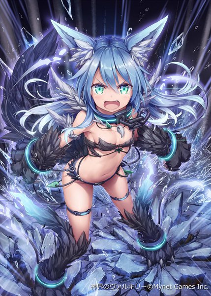 Anime picture 643x900 with shinkai no valkyrie squall (shinkai no valkyrie) akkijin single long hair tall image looking at viewer blush fringe breasts open mouth light erotic hair between eyes bare shoulders animal ears blue hair cleavage full body tail animal tail