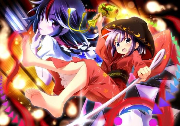 Anime picture 995x697 with touhou kijin seija sukuna shinmyoumaru sui. (ayase) blush short hair open mouth multiple girls purple hair traditional clothes japanese clothes pink eyes looking back legs light silver eyes city lights girl 2 girls belt