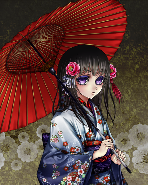 Anime picture 1223x1532 with original shio (blacksio) single long hair tall image black hair purple eyes japanese clothes hair flower girl hair ornament flower (flowers) kimono umbrella obi camellia (flower)