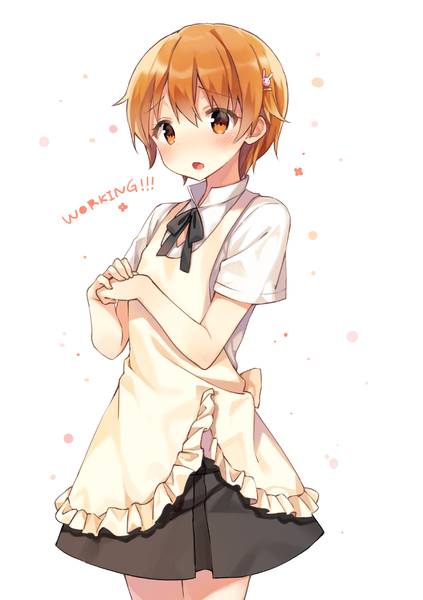 Anime picture 1000x1419 with working!! a-1 pictures inami mahiru shnva single tall image blush fringe short hair open mouth simple background hair between eyes white background looking away orange hair orange eyes copyright name waitress girl hairclip