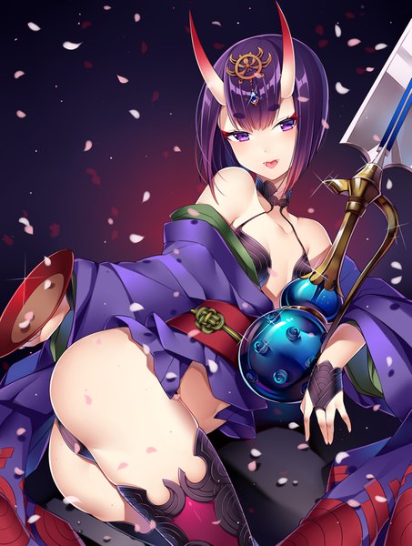 Anime picture 2650x3507 with fate (series) fate/grand order shuten douji (fate) may (2747513627) single tall image fringe highres short hair light erotic purple eyes purple hair ass traditional clothes japanese clothes horn (horns) open clothes sparkle fang (fangs) eyebrows