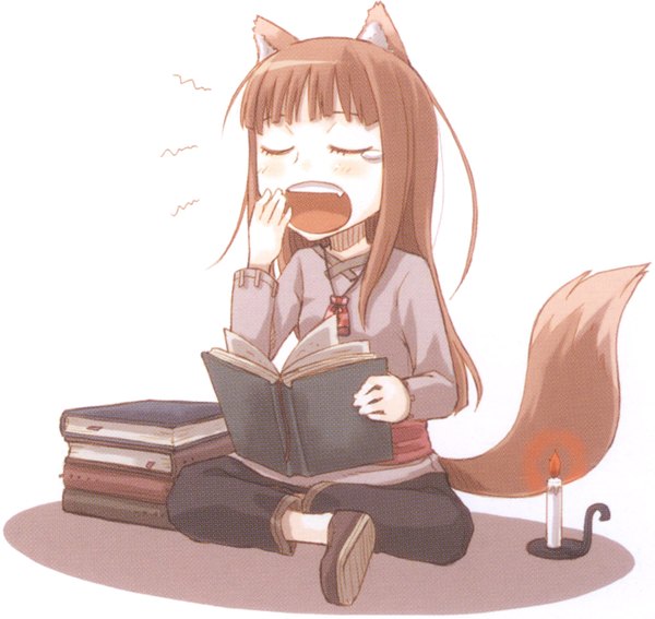 Anime picture 2757x2606 with spice and wolf horo ayakura juu long hair highres open mouth simple background brown hair white background sitting animal ears tail eyes closed scan yawn girl book (books) candle (candles)
