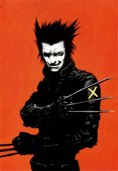 Anime picture 1024x1478 with x-men wolverine wolverine (character) nihei tsutomu single tall image short hair black hair simple background orange background boy weapon