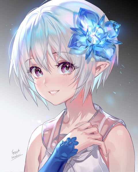 Anime picture 1024x1280 with original midori foo single tall image fringe short hair smile hair between eyes purple eyes signed silver hair upper body hair flower pointy ears grey background grin portrait girl flower (flowers) transparent clothing