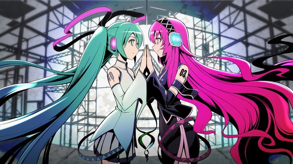 Anime picture 1920x1080 with vocaloid hatsune miku megurine luka maxgonta (artist) long hair highres smile wide image multiple girls green eyes pink hair pink eyes aqua hair face to face girl 2 girls detached sleeves