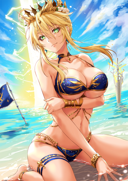 Anime picture 1000x1414 with fate (series) fate/grand order artoria pendragon (all) artoria pendragon (lancer) sakiyamama single tall image looking at viewer fringe short hair breasts light erotic blonde hair hair between eyes large breasts sitting green eyes signed payot sky