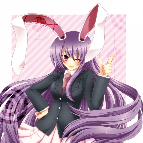 Anime picture 1250x1250 with touhou reisen udongein inaba geike long hair blush smile purple hair one eye closed pink eyes wink bunny ears bunny girl girl skirt miniskirt