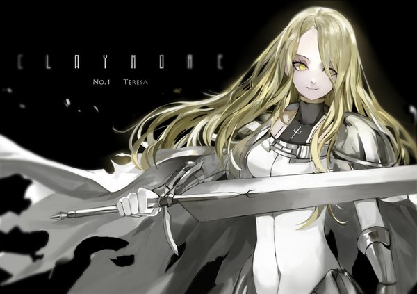 Anime picture 2000x1413 with claymore madhouse teresa saberiii single long hair looking at viewer highres blonde hair yellow eyes light smile black background girl weapon sword armor cape