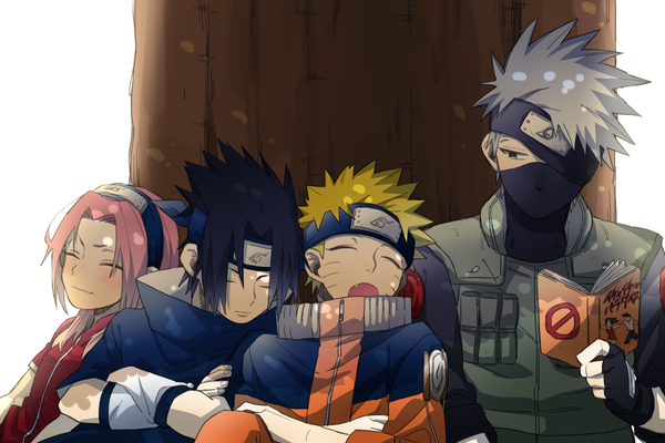 Anime picture 1200x800 with naruto studio pierrot naruto (series) uzumaki naruto uchiha sasuke haruno sakura hatake kakashi jomae dayo blush short hair open mouth black hair simple background blonde hair white background looking away pink hair upper body eyes closed grey hair