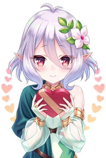 Anime picture 1266x1877 with princess connect! re:dive princess connect! kokkoro (princess connect!) tomo (tmtm mf mf) single tall image blush fringe short hair simple background smile hair between eyes red eyes white background silver hair upper body ahoge hair flower pointy ears valentine