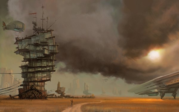 Anime picture 2560x1600 with original atris sergey skachkov highres wide image landscape fantasy field building (buildings) flag aircraft road dirigible
