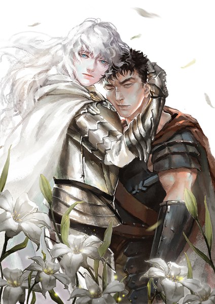 Anime picture 744x1052 with berserk guts griffith aruolrn long hair tall image looking at viewer fringe short hair black hair simple background white background brown eyes upper body white hair one eye closed aqua eyes wind multiple boys hug