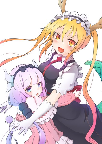 Anime picture 1000x1414 with kobayashi-san chi no maidragon kyoto animation kanna kamui tooru (maidragon) mokichi812 long hair tall image looking at viewer blush fringe open mouth blue eyes blonde hair simple background hair between eyes white background twintails multiple girls looking away silver hair