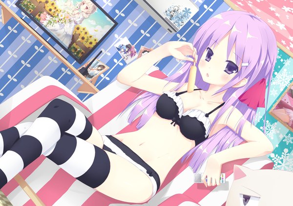 Anime picture 1600x1128 with original liong (artist) single long hair light erotic sitting purple eyes purple hair underwear only girl thighhighs underwear panties food sweets striped thighhighs ice cream armchair photo (object)