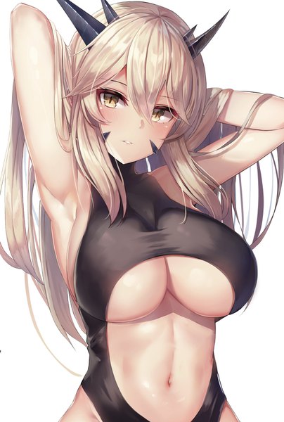 Anime picture 1100x1632 with fate (series) fate/grand order artoria pendragon (all) artoria pendragon (lancer alter) motokonut single long hair tall image looking at viewer blush fringe breasts light erotic simple background hair between eyes large breasts white background yellow eyes silver hair parted lips