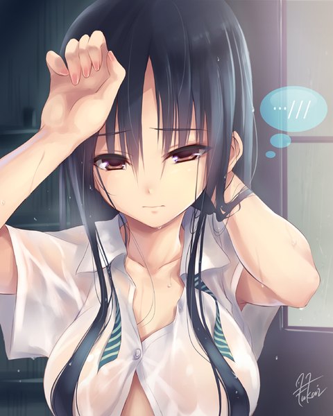 Anime picture 640x800 with original fukai ryosuke single long hair tall image light erotic black hair brown eyes girl shirt