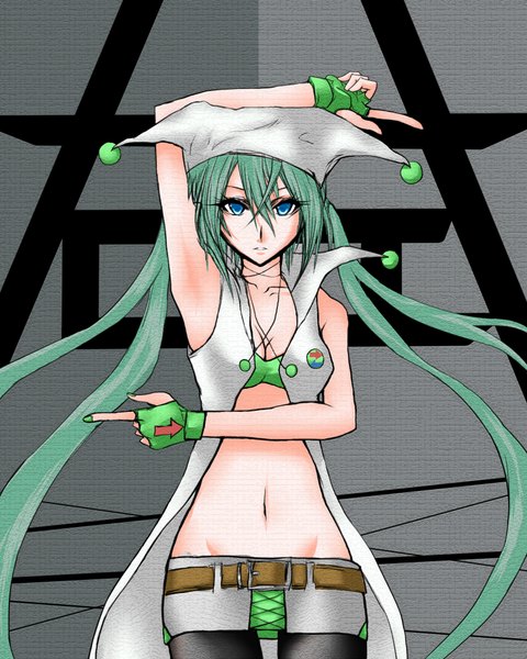 Anime picture 1600x2000 with vocaloid hatsune miku misaki (pixiv1100111) single tall image looking at viewer fringe blue eyes light erotic bare shoulders cleavage very long hair nail polish parted lips arm up aqua hair grey background bare belly sleeveless groin
