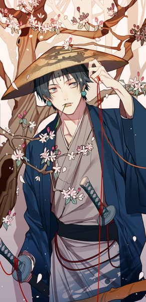 Anime picture 600x1233 with hunter x hunter chrollo lucilfer soppaghetti single tall image short hair black hair standing holding looking away outdoors traditional clothes parted lips japanese clothes wide sleeves shadow grey eyes mouth hold cherry blossoms sheathed