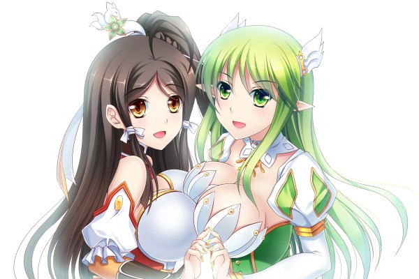Anime picture 1200x800 with elsword rena erindel ara haan tsukimi kirara long hair looking at viewer breasts open mouth light erotic black hair simple background large breasts white background multiple girls brown eyes green eyes green hair pointy ears girl dress