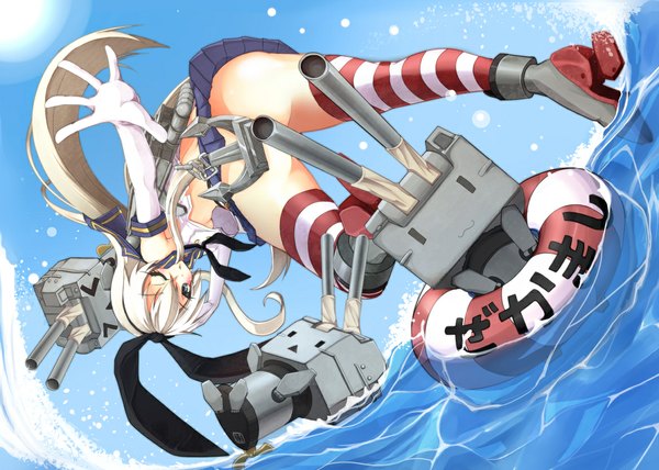 Anime picture 1168x834 with kantai collection shimakaze destroyer rensouhou-chan amino dopple (artist) single long hair light erotic blonde hair one eye closed wink grey eyes :3 > < girl thighhighs gloves miniskirt elbow gloves sea striped thighhighs