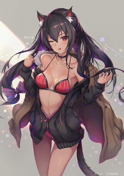Anime picture 847x1200 with choujigen game neptune noire parfaitlate single long hair tall image looking at viewer blush fringe breasts light erotic black hair simple background hair between eyes red eyes standing animal ears cleavage tail head tilt