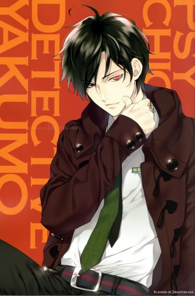 Anime picture 3414x5167 with shinrei tantei yakumo saitou yakumo tagme (artist) single tall image looking at viewer highres short hair black hair red eyes sitting absurdres light smile black eyes open clothes open jacket heterochromia red background boy shirt