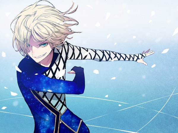 Anime picture 1500x1121 with yuri!!! on ice mappa yuri plisetsky lam (ramdayo) single looking at viewer fringe short hair blonde hair smile upper body aqua eyes hair over one eye outstretched arm boy