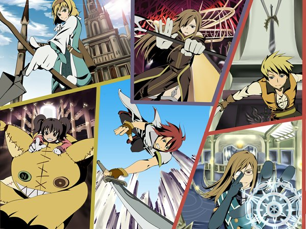 Anime picture 1134x850 with tales of (series) tales of the abyss luke fon fabre tear grants anise tatlin tokunaga jade curtiss natalia luzu kimlasca lanvaldear guy cecil wacchi30 long hair blue eyes blonde hair smile red eyes brown hair twintails brown eyes gloves sword