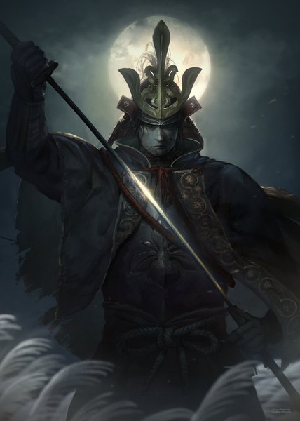 Anime picture 3910x5486 with sekiro: shadows die twice from software genichiro ashina od620 single tall image looking at viewer highres short hair black hair standing holding brown eyes absurdres upper body outdoors arm up night night sky expressionless
