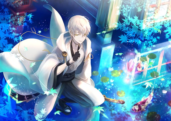 Anime picture 1505x1062 with touken ranbu nitroplus tsurumaru kuninaga yuzurb single fringe short hair hair between eyes yellow eyes white hair traditional clothes japanese clothes from above finger to mouth ripples boy gloves leaf (leaves) maple leaf partly fingerless gloves