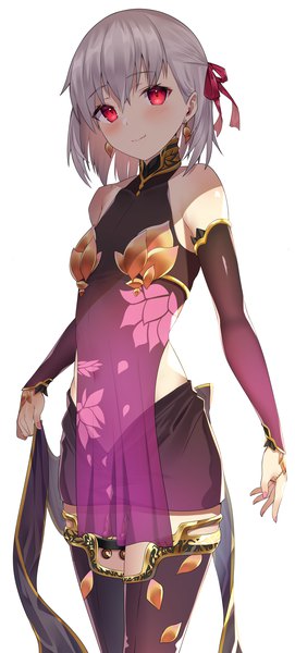 Anime picture 1800x3980 with fate (series) fate/grand order kama (fate) jun (aousa0328) single tall image looking at viewer blush fringe highres short hair breasts simple background smile hair between eyes red eyes standing white background bare shoulders silver hair