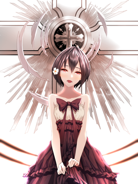 Anime picture 750x1000 with original limeblock single tall image looking at viewer blush fringe short hair open mouth black hair red eyes standing hair flower girl dress hair ornament flower (flowers) bow cross
