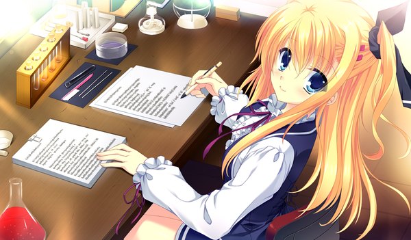 Anime picture 1024x600 with da capo iii morizono rikka tanihara natsuki long hair blush blue eyes blonde hair wide image game cg girl dress bow hair bow