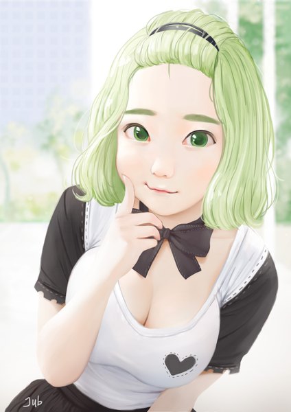 Anime picture 2480x3508 with original momo (jubi) jubi (regiana) single tall image looking at viewer highres breasts large breasts green eyes signed cleavage upper body green hair realistic depth of field finger to mouth light eyebrows :3