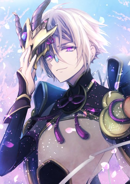 Anime picture 1157x1637 with fate (series) fate/grand order prince of lan ling (fate) yuzurb single tall image looking at viewer fringe short hair hair between eyes silver hair upper body pink eyes boy mask tassel