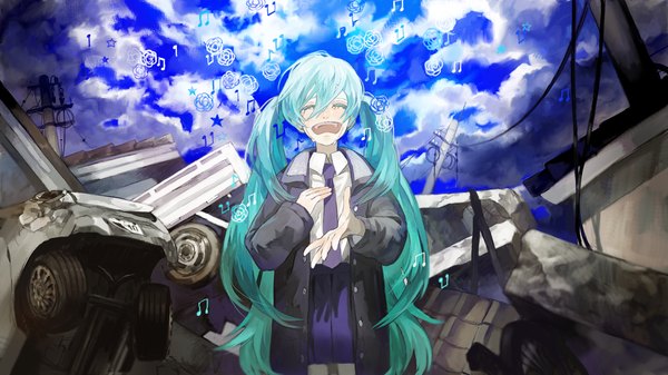 Anime picture 1511x850 with vocaloid hatsune miku nishihara isao single long hair open mouth wide image twintails sky cloud (clouds) eyes closed aqua hair tears hand on chest crying ruins singing girl necktie coat