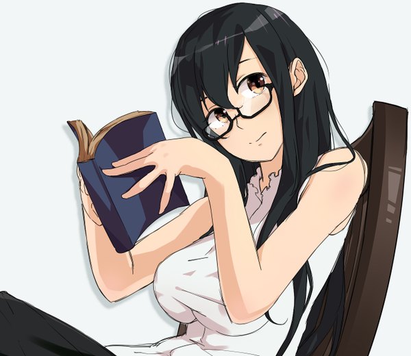 Anime picture 1313x1140 with original haine single long hair looking at viewer black hair simple background white background sitting bare shoulders brown eyes girl glasses book (books)
