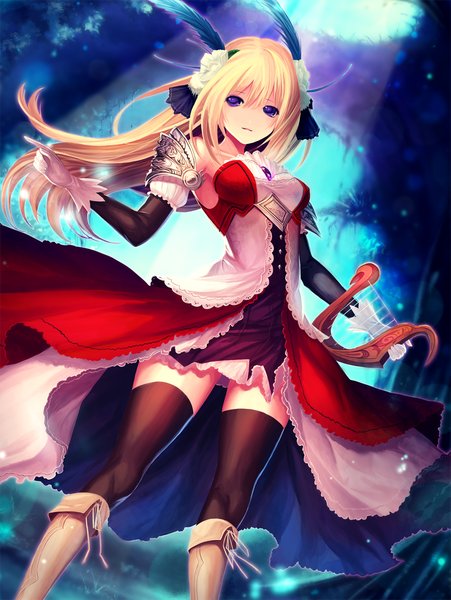 Anime picture 878x1168 with original aruku single long hair tall image looking at viewer open mouth blonde hair purple eyes hair flower zettai ryouiki girl thighhighs dress gloves flower (flowers) black thighhighs elbow gloves boots