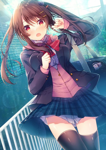 Anime picture 800x1131 with original azu torako single long hair tall image looking at viewer blush fringe breasts open mouth light erotic hair between eyes red eyes brown hair standing twintails payot outdoors pleated skirt arm up