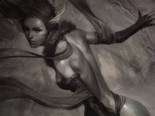 Anime picture 1600x1200 with original artgerm (stanley lau) single long hair light erotic simple background bare shoulders signed realistic back monochrome face paint girl gloves elbow gloves