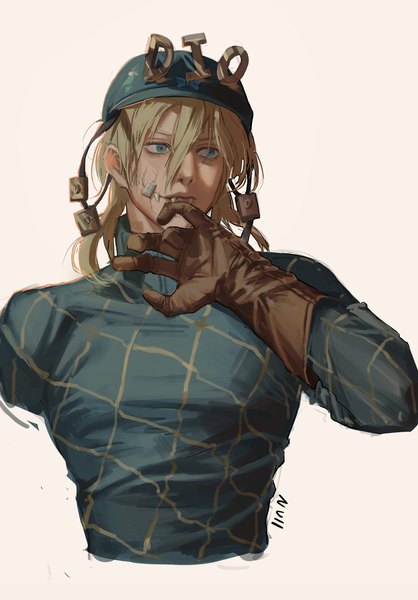 Anime picture 1855x2663 with jojo no kimyou na bouken steel ball run diego brando null (skev7724) single tall image fringe highres short hair blue eyes simple background blonde hair hair between eyes white background looking away upper body scar hand to mouth boy gloves