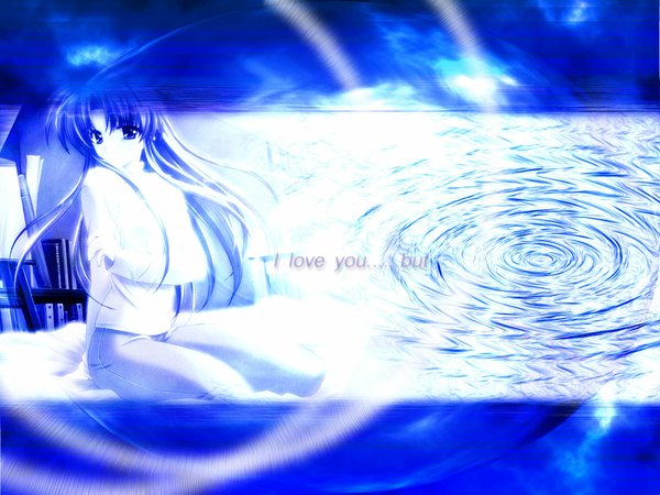 Anime picture 1024x768 with canvas (anime) shinomiya yuu single long hair looking at viewer blue eyes sitting third-party edit girl water book (books) pants