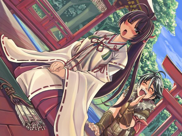 Anime picture 1280x960 with ragnarok online sniper (ragnarok online) xration long hair blush open mouth black hair smile purple eyes sky purple hair cloud (clouds) ahoge outdoors eyes closed japanese clothes one eye closed wink teeth fang (fangs)