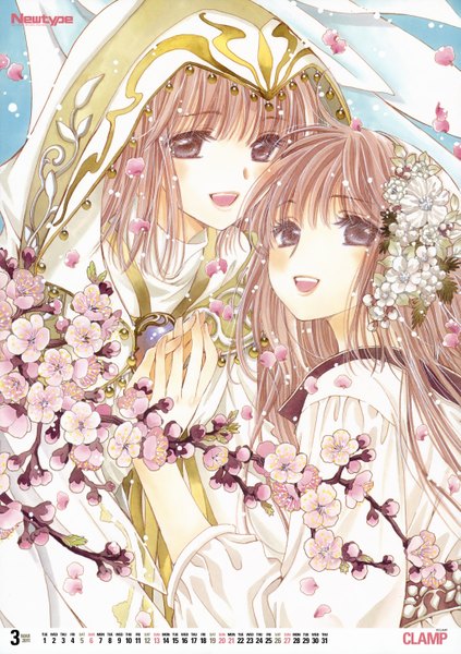 Anime picture 4092x5807 with kobato clamp newtype hanato kobato tall image blush highres open mouth smile brown hair multiple girls brown eyes absurdres official art cherry blossoms holding hands dual persona girl flower (flowers) 2 girls