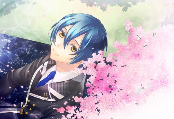 Anime picture 1425x975 with starry sky homare kanakubo single short hair smile yellow eyes blue hair from above cherry blossoms looking up boy uniform school uniform petals necktie