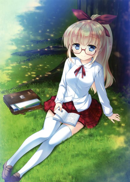 Anime-Bild 2494x3500 mit original ryoumoto ken single long hair tall image looking at viewer blush highres blue eyes blonde hair full body outdoors ponytail from above scan arm support girl thighhighs skirt uniform