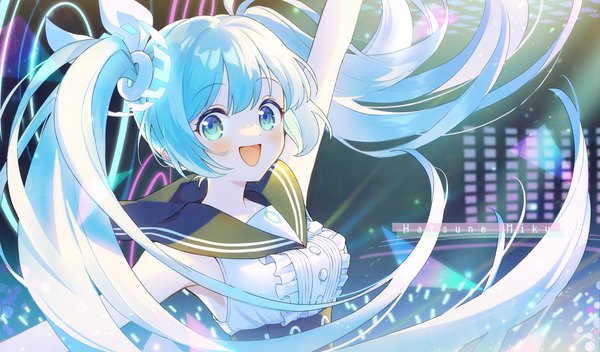 Anime-Bild 1228x720 mit blue archive vocaloid hatsune miku sakuro single long hair looking at viewer fringe open mouth wide image twintails blue hair upper body :d arm up aqua eyes sailor collar concert girl glowstick